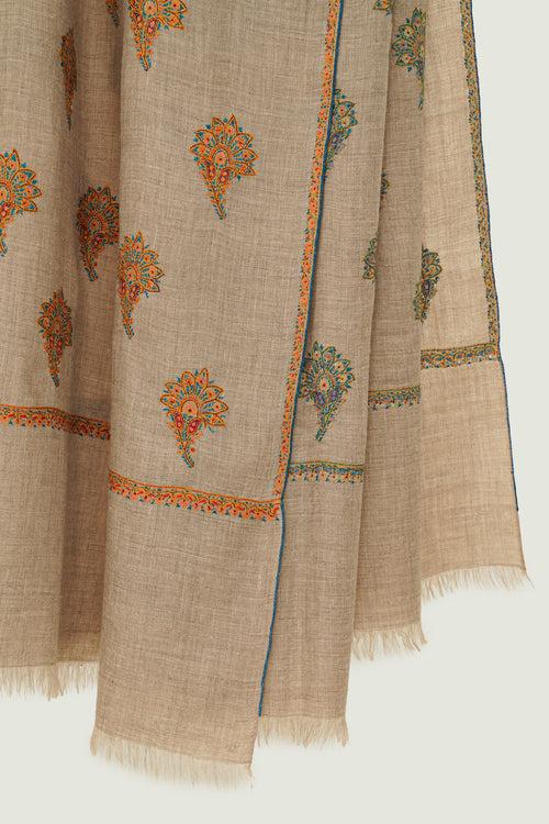 Sozni Aksi Bail Buti Hand Embroidered Large Pashmina Shawl Natural Multi