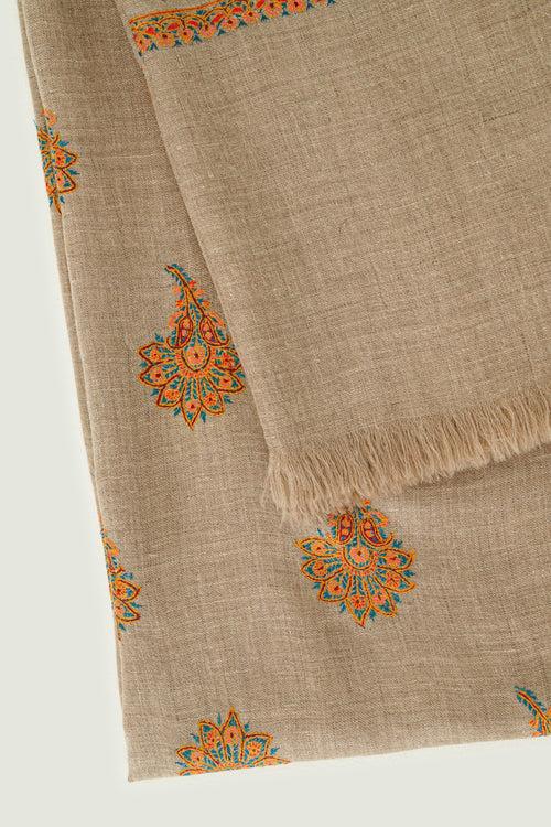 Sozni Aksi Bail Buti Hand Embroidered Large Pashmina Shawl Natural Multi