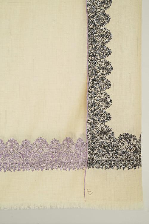 Sozni Aksi Dordar Hand Embroidered Large Pashmina Shawl Ivory Purple Black