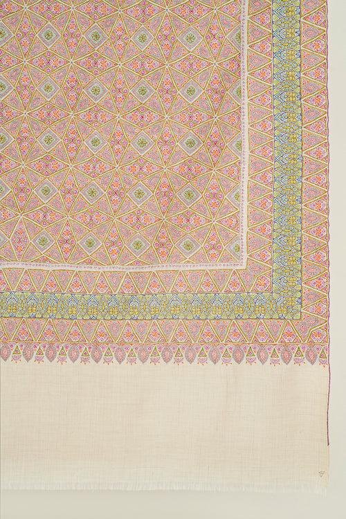 Sozni Jamawar Hand Embroidered Pashmina Shawl Ivory Pinks