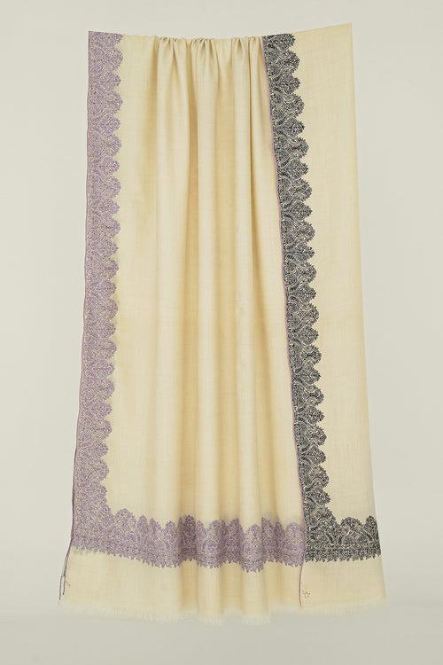 Sozni Aksi Dordar Hand Embroidered Large Pashmina Shawl Ivory Purple Black