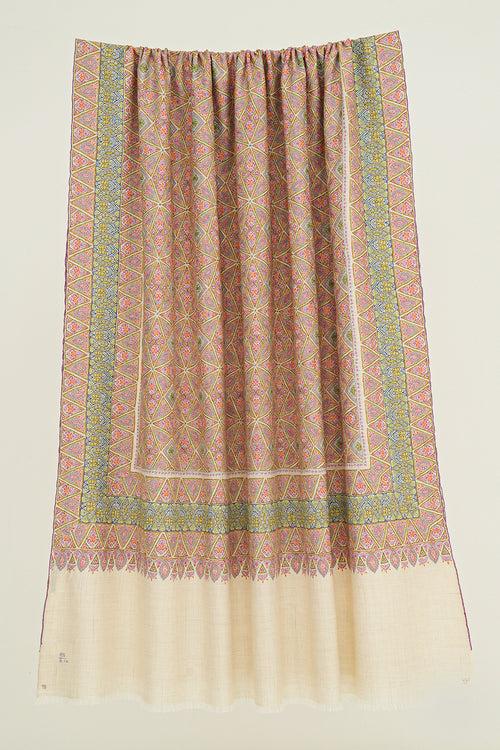 Sozni Jamawar Hand Embroidered Pashmina Shawl Ivory Pinks