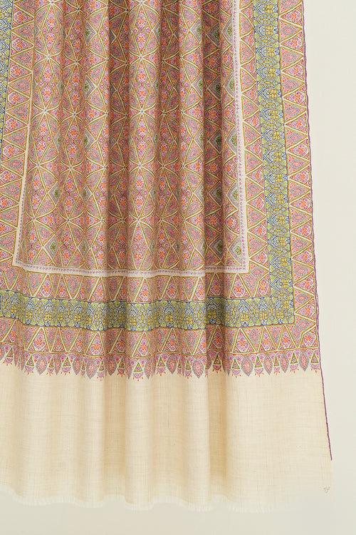 Sozni Jamawar Hand Embroidered Pashmina Shawl Ivory Pinks