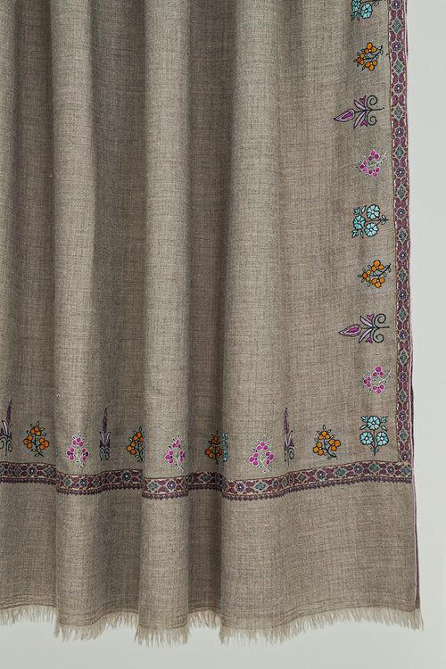 Sozni Hashiya Mix Buti Hand Embroidered Pashmina Shawl Natural