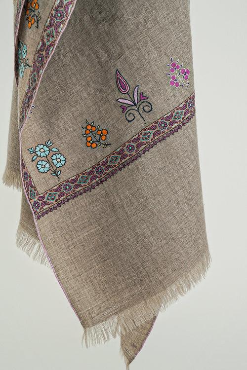 Sozni Hashiya Mix Buti Hand Embroidered Pashmina Shawl Natural
