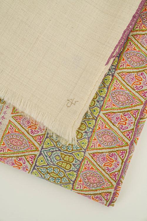 Sozni Jamawar Hand Embroidered Pashmina Shawl Ivory Pinks