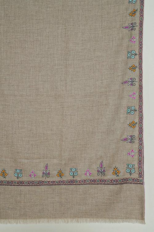 Sozni Hashiya Mix Buti Hand Embroidered Pashmina Shawl Natural