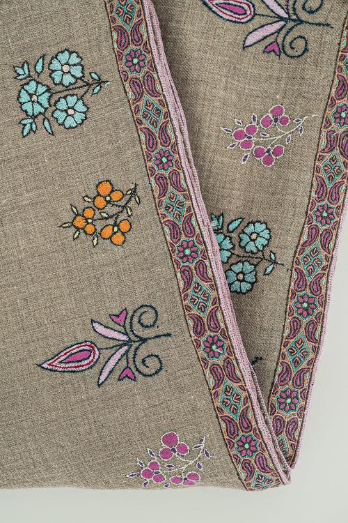 Sozni Hashiya Mix Buti Hand Embroidered Pashmina Shawl Natural