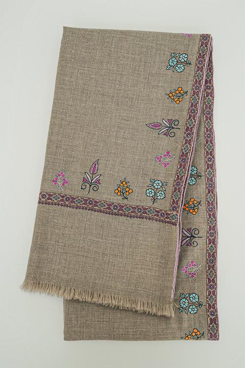 Sozni Hashiya Mix Buti Hand Embroidered Pashmina Shawl Natural