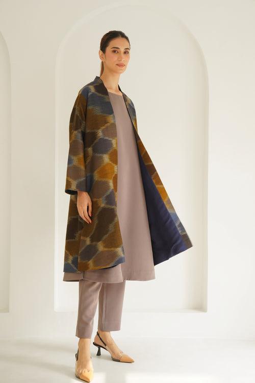 Ikat Hexagon Cashmere Coat Blue Brown Mustard