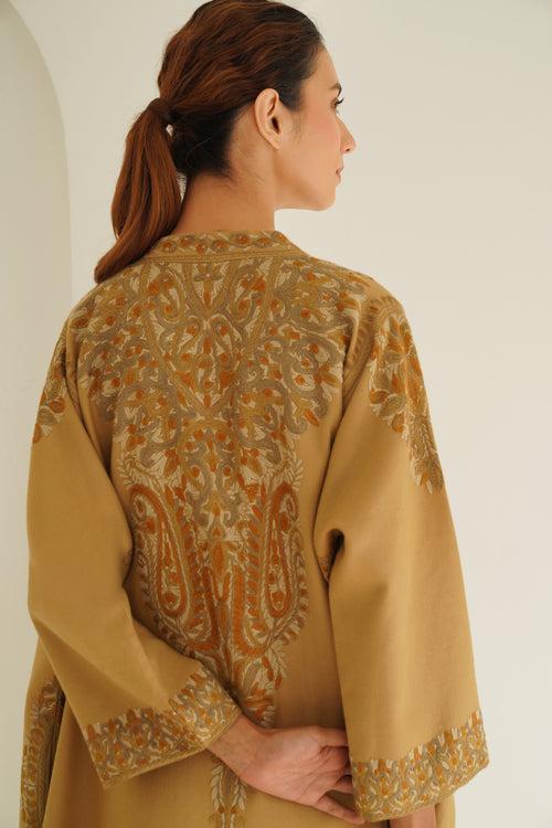 Corner Buta Hand Embroidered Wool Choga Camel