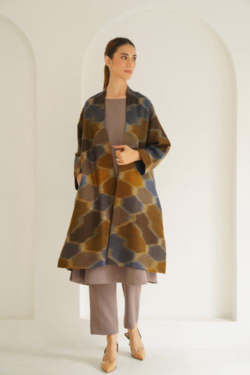 Ikat Hexagon Cashmere Coat Blue Brown Mustard