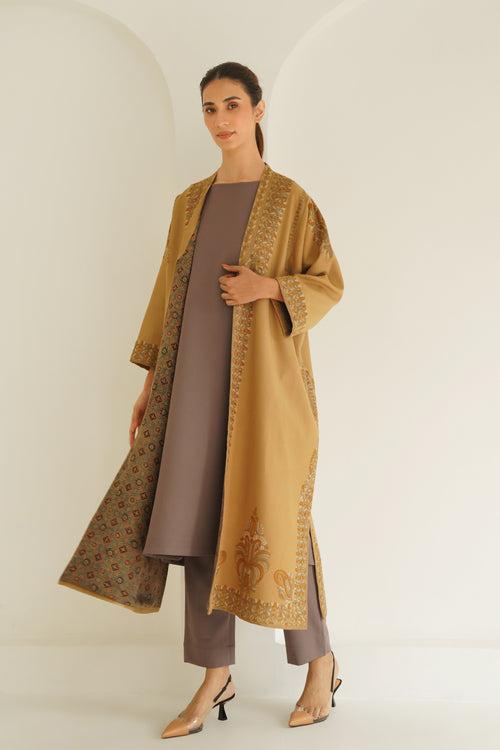 Corner Buta Hand Embroidered Wool Choga Camel