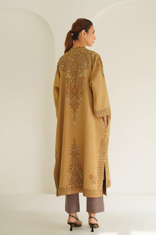 Corner Buta Hand Embroidered Wool Choga Camel