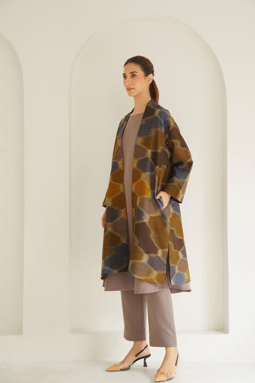 Ikat Hexagon Cashmere Coat Blue Brown Mustard