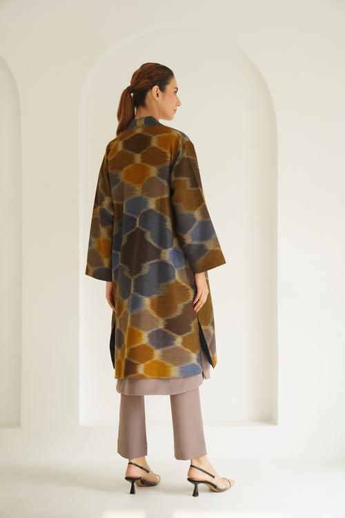 Ikat Hexagon Cashmere Coat Blue Brown Mustard