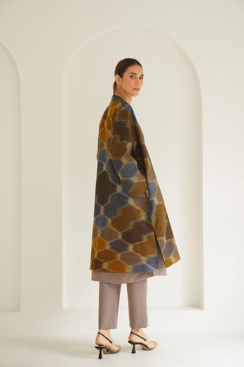 Ikat Hexagon Cashmere Coat Blue Brown Mustard