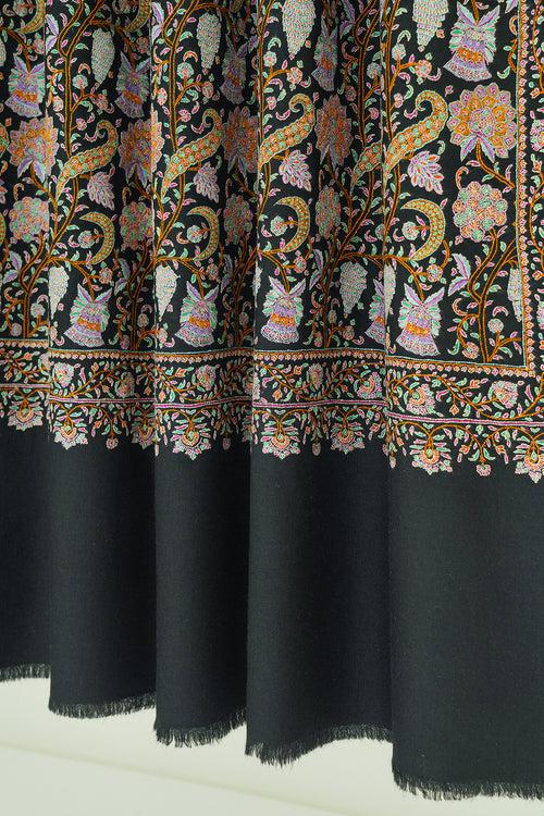 Sozni Neem Jamawar Hand Embroidered Pashmina Shawl Black