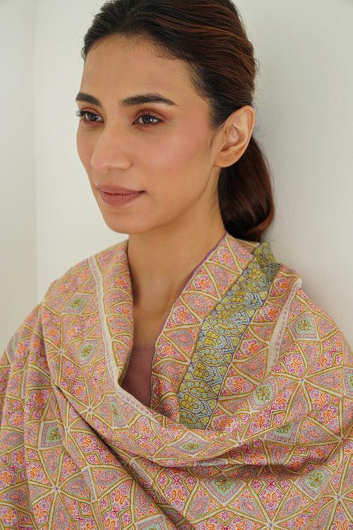 Sozni Jamawar Hand Embroidered Pashmina Shawl Ivory Pinks