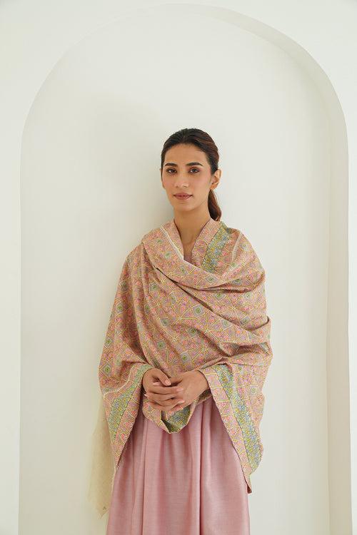 Sozni Jamawar Hand Embroidered Pashmina Shawl Ivory Pinks