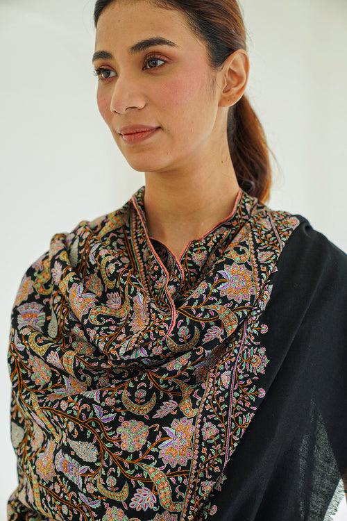 Sozni Neem Jamawar Hand Embroidered Pashmina Shawl Black