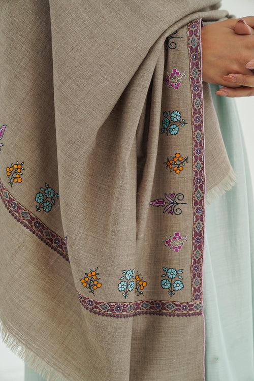 Sozni Hashiya Mix Buti Hand Embroidered Pashmina Shawl Natural