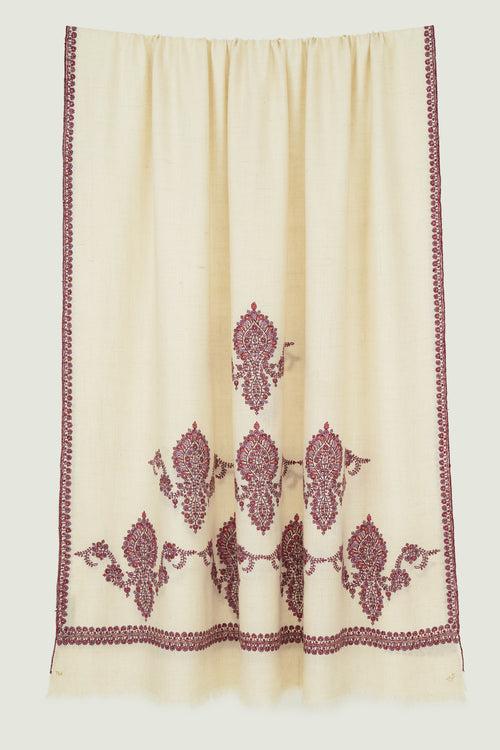 Sozni Kingri Palledar Hand Embroidered Pashmina Shawl Ivory Mauve