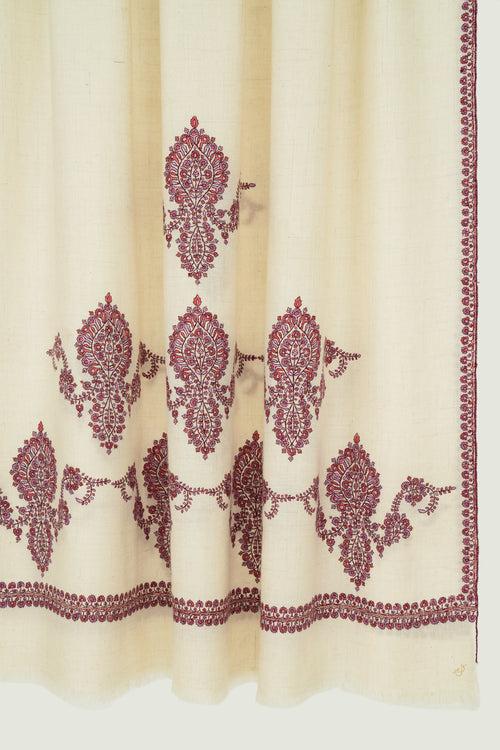 Sozni Kingri Palledar Hand Embroidered Pashmina Shawl Ivory Mauve