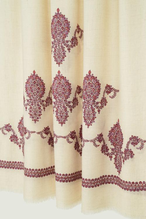 Sozni Kingri Palledar Hand Embroidered Pashmina Shawl Ivory Mauve