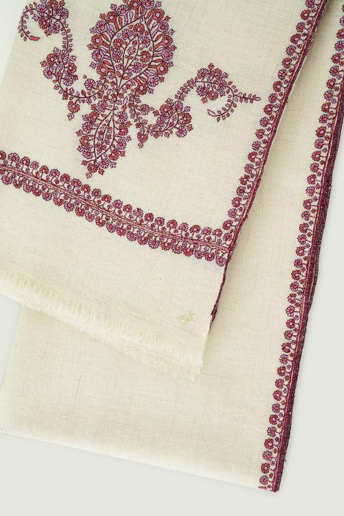 Sozni Kingri Palledar Hand Embroidered Pashmina Shawl Ivory Mauve