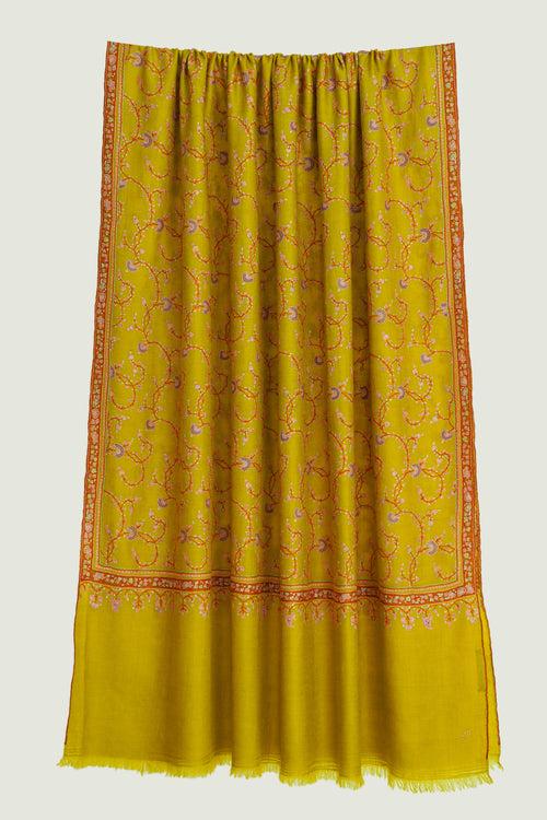 Sozni Jaaldar Hand Embroidered Pashmina Shawl Yellow