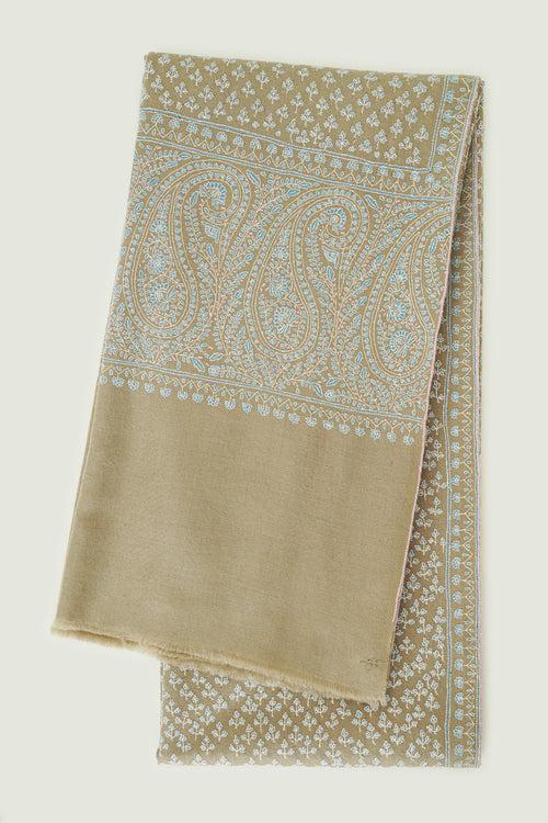 Sozni Palledar Machi Buti Hand Embroidered Pashmina Shawl Dark Natural