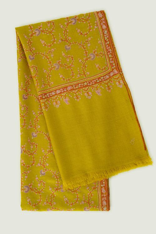 Sozni Jaaldar Hand Embroidered Pashmina Shawl Yellow