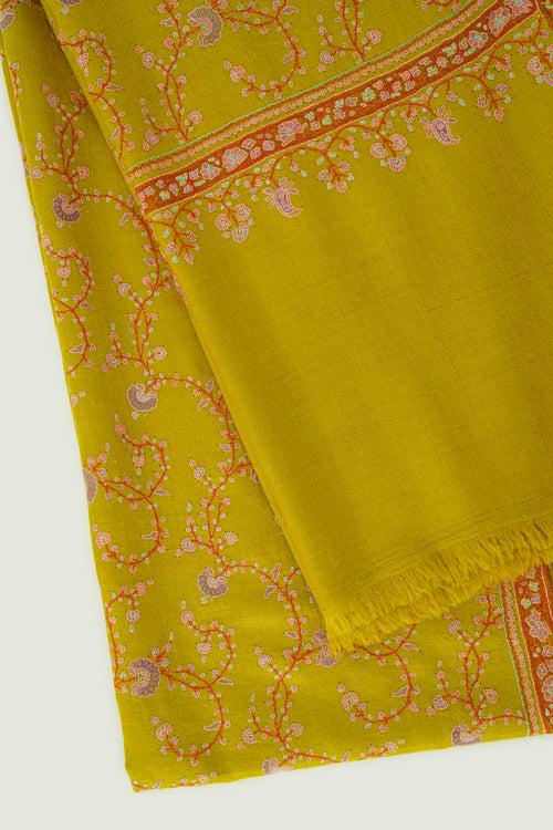 Sozni Jaaldar Hand Embroidered Pashmina Shawl Yellow