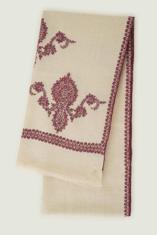 Sozni Kingri Palledar Hand Embroidered Pashmina Shawl Ivory Mauve