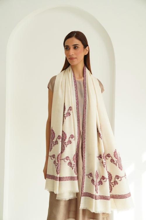 Sozni Kingri Palledar Hand Embroidered Pashmina Shawl Ivory Mauve