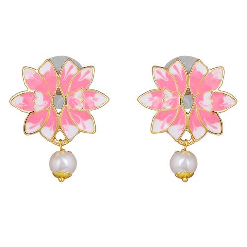 Estele Gold Plated Lotus Designer Pearl Drop Earrings with Pink Enamel for Girl's & Women