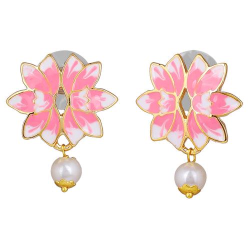 Estele Gold Plated Lotus Designer Pearl Drop Earrings with Pink Enamel for Girl's & Women