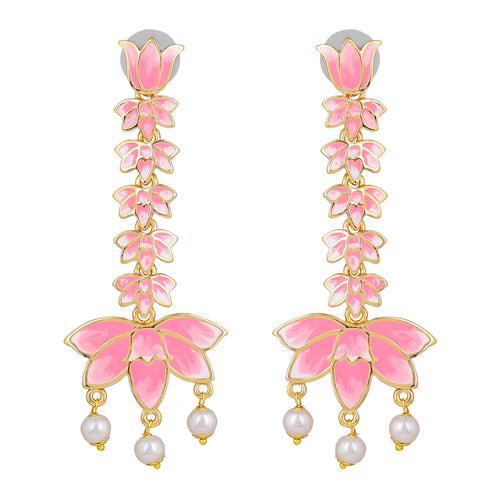 Estele Gold Plated Ravishing Lotus Designer Drop & Dangler Earrings with Pearls & Pink Enamel for Girl's & Women