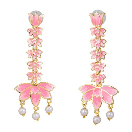 Estele Gold Plated Ravishing Lotus Designer Drop & Dangler Earrings with Pearls & Pink Enamel for Girl's & Women