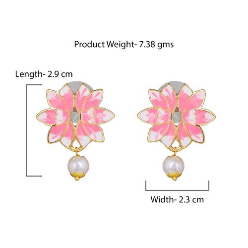 Estele Gold Plated Lotus Designer Pearl Drop Earrings with Pink Enamel for Girl's & Women