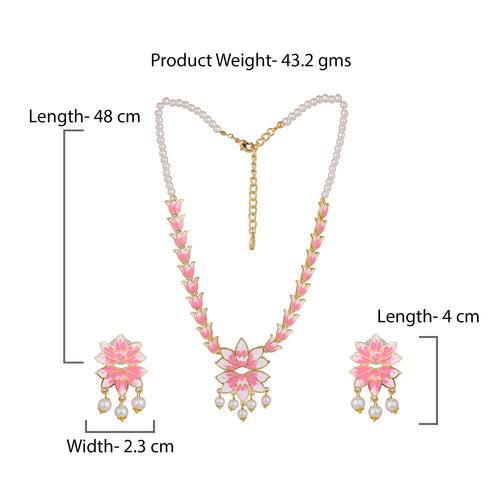 Estele Gold Plated Attractive Lotus Designer Pearl Necklace Set with Pink Enamel for Girl's & Women