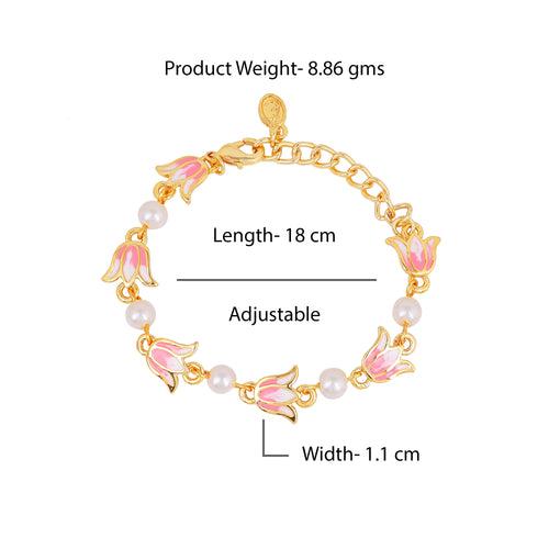 Estele Gold Plated Elegant Lotus Designer Adjustable Link Bracelet with Pearls & Pink Enamel for Girl's & Women