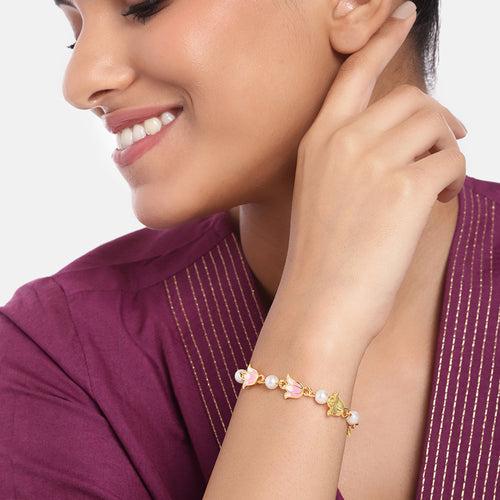 Estele Gold Plated Elegant Lotus Designer Adjustable Link Bracelet with Pearls & Pink Enamel for Girl's & Women