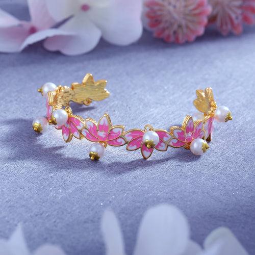 Estele Gold Plated Charismatic Lotus Designer Pearl Drop Cuff Bracelet with Pink Enamel for Girl's & Women