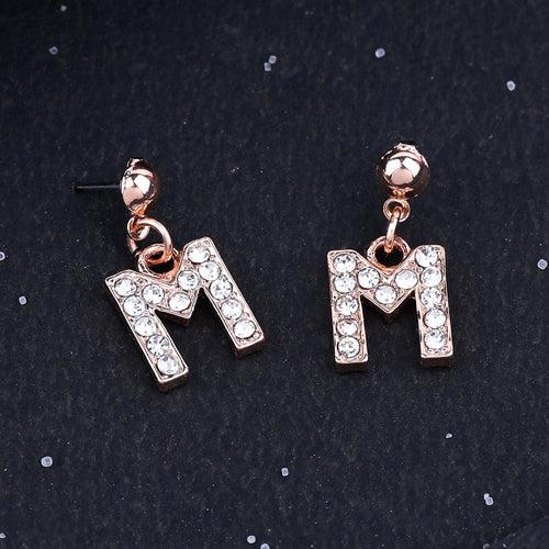 Estele Rose Gold Plated Magnificent Medium 'M' Letter Earrings with Crystals for Women