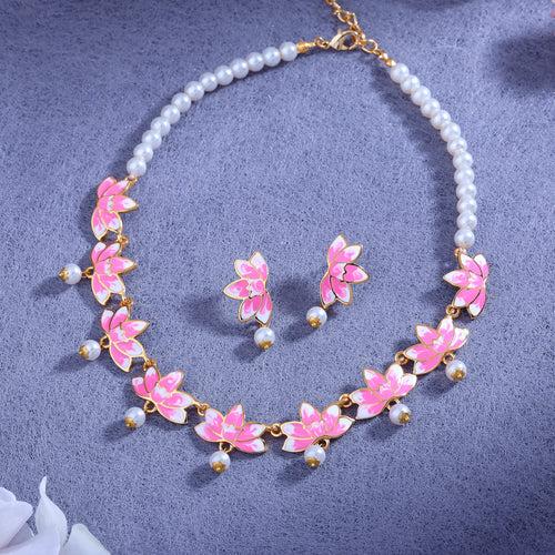 Estele Gold Plated Alluring Lotus Designer Pearl Necklace Set with Pink Enamel for Girl's & Women