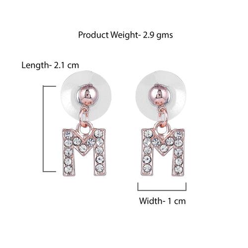 Estele Rose Gold Plated Magnificent Medium 'M' Letter Earrings with Crystals for Women