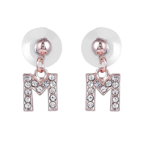 Estele Rose Gold Plated Magnificent Medium 'M' Letter Earrings with Crystals for Women