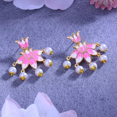 Estele Gold Plated Lotus Designer Dazzling Pearl Drop Earrings with Pink Enamel for Girl's & Women